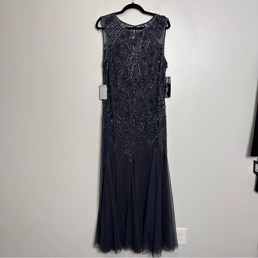 Pisarro Nights Slate Blue Geometric Beaded Sleeveless Gown D-2621 Size 14 - Picture 10 of 13